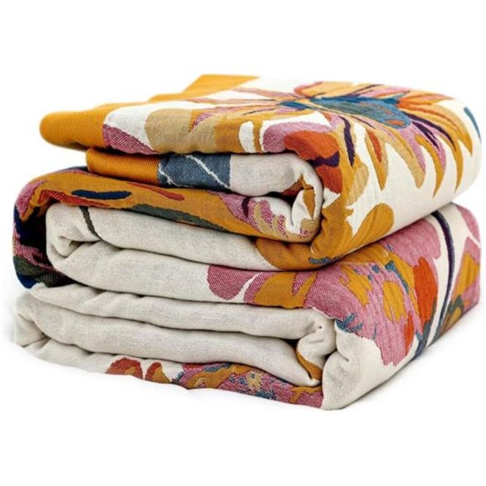 Boho Cotton Throw Blanket 50x60 Reversible Lightweight Floral Butterfly Quilt